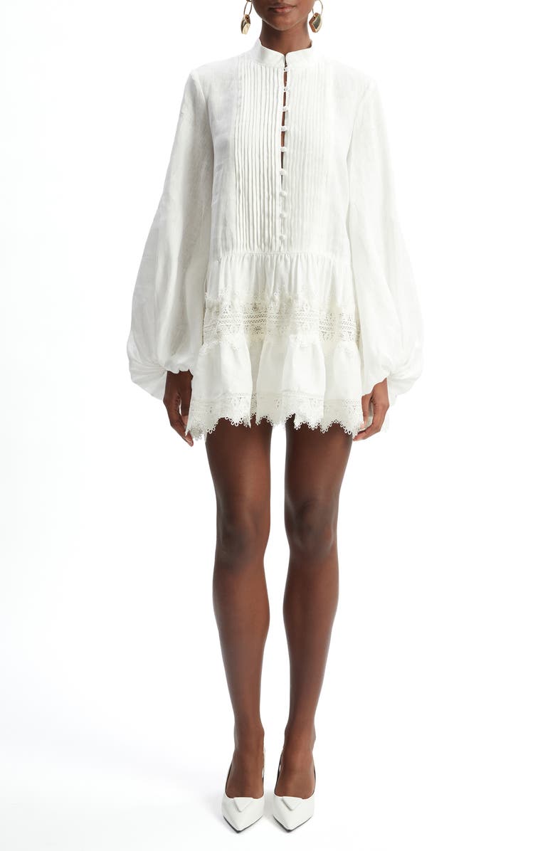 Antonia Lace Trim Long Sleeve Linen Minidress