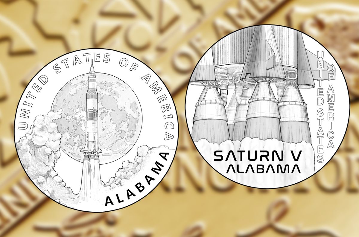 The preferred candidate designs for Alabama&#039;s 2024 American Innovation $1 Coin honoring NASA&#039;s Saturn V rocket, as selected by the Commission of Fine Arts (design 10, focused on the F-1 engines) and by the Citizens Coinage Advisory Committee (design 1, also one of two favored by Alabama&#039;s governor).