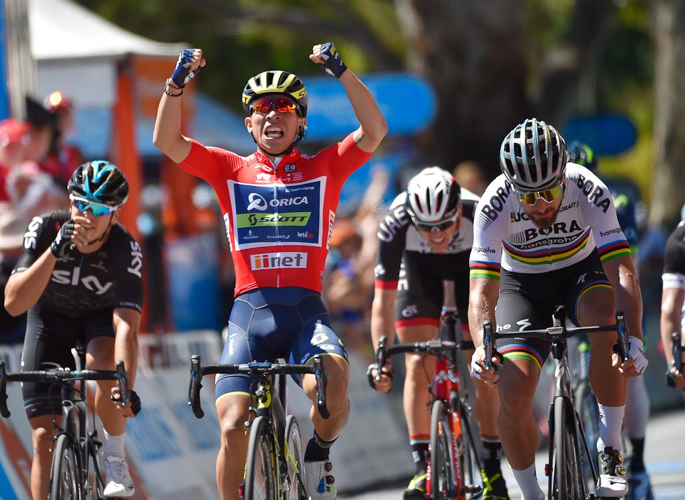 Caleb Ewan celebrates winning stage 4 at the Tour Down Under