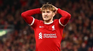 Harvey Elliott reacts after a missed chance in Liverpool's 1-1 draw with Arsenal in December 2023.