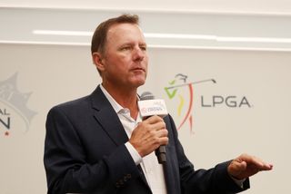 Jerry Foltz of the Golf Channel speaks on stage at the UL International Crown Press Conference on July 2, 2018 at the Underwriters Laboratories headquarters in Northbrook, Illinois