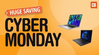 Two laptops next to text saying huge savings Cyber Monday