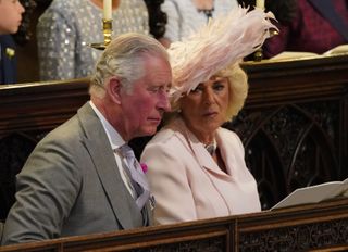 Prince Charles, Prince of Wales and Camilla, Duchess of Cornwall take their seats at St George's Chapel at Windsor Castle