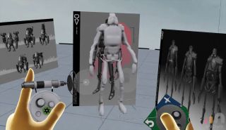 View through VR headset of hands building a 3D robot
