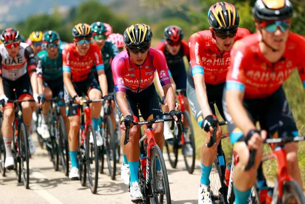 VILLADIEGO SPAIN AUGUST 03 Santiago Buitrago Sanchez of Colombia and Team Bahrain Victorious Purple Leader Jerseycompetes during the 44th Vuelta a Burgos 2022a Stage 2 a 158km stage from Vivar del Cid to Villadiego on August 03 2022 in Villadiego Spain Photo by Gonzalo Arroyo MorenoGetty Images