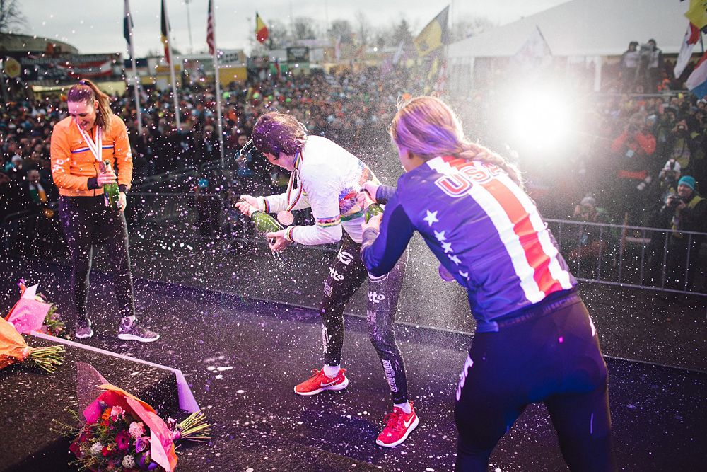 Sanne Cant, Katie Compton and Lucinda Brand on the podium at 2018 UCI Cyclo-cross World Championships