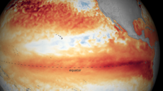 A map of the eastern tropical Pacific Ocean showing the difference from average sea temperature recorded in October 2023.