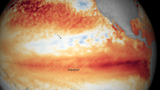 A map of the eastern tropical Pacific Ocean showing the difference from average sea temperature recorded in October 2023.