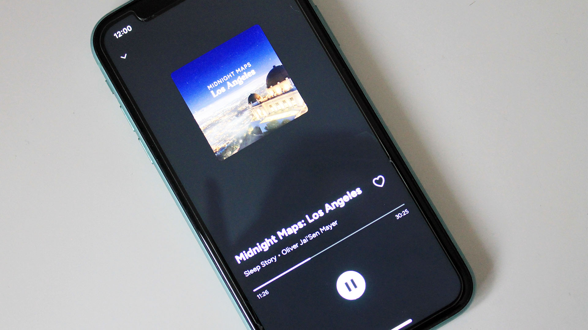 A close up of the Calm Sleep app as it play Midnight Maps: Los Angeles on a phone