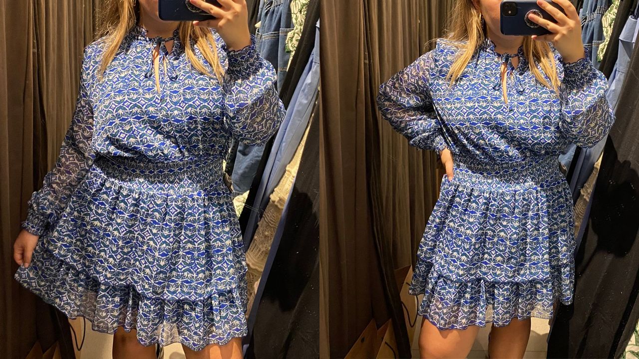 composite of our fashion writer wearing a blue zara mini dress