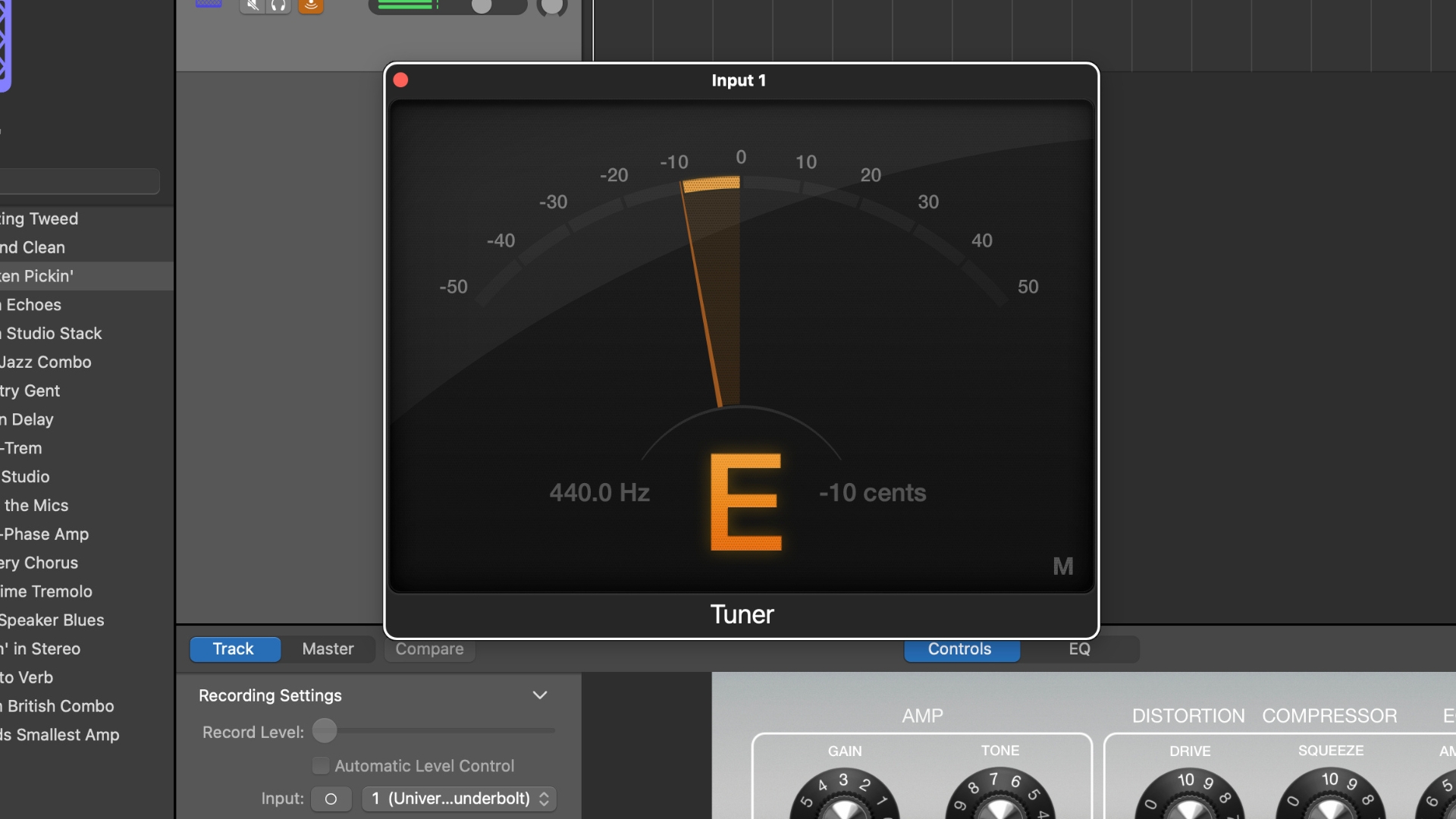 A screenshot of the guitar tuner in Apple GarageBand