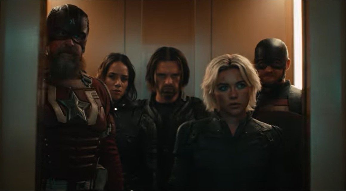 David Harbour, Hannah John-Kamen, Sebastian Stan, Florence Pugh and Wyatt Russell in Thunderbolts