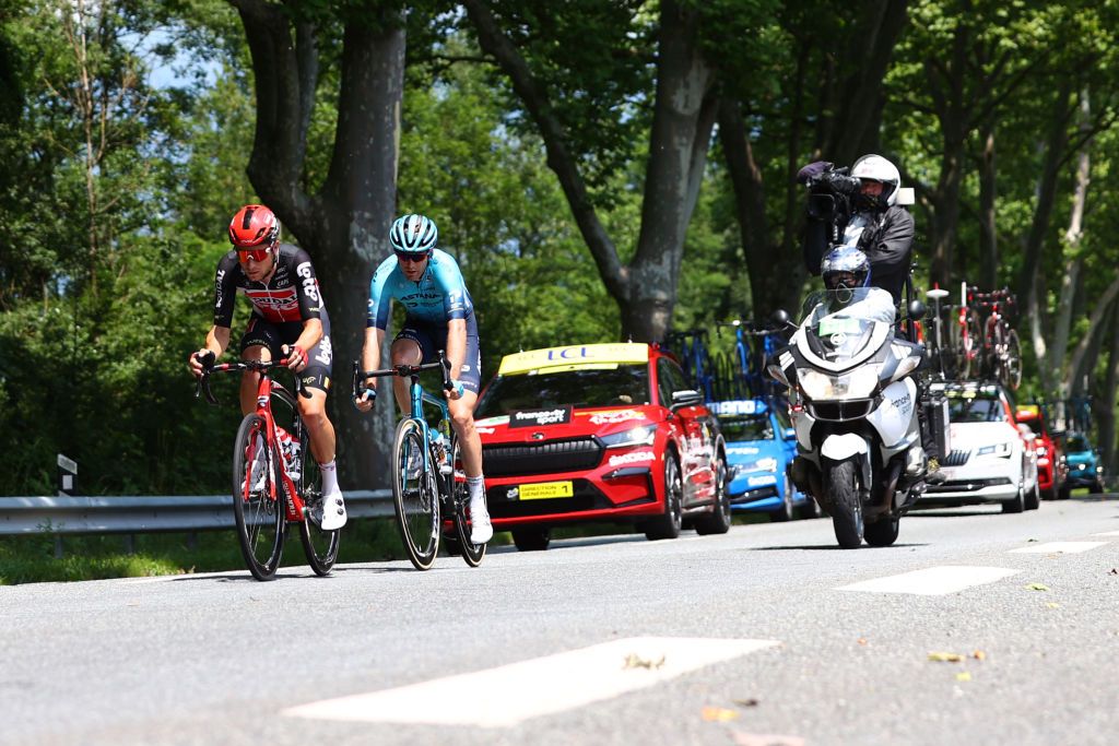 VALENCE FRANCE JULY 06 Tosh Van Der Sande of Belgium and Team Lotto Soudal Hugo Houle of Canada and Team Astana Premier Tech in breakaway during the 108th Tour de France 2021 Stage 10 a 1907km stage from Albertville to Valence LeTour TDF2021 on July 06 2021 in Valence France Photo by Michael SteeleGetty Images