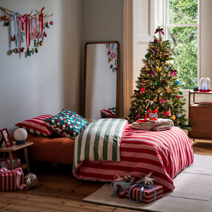 Habitat Christmas Festive Wide Stripe Bedding Set with christmas tree and presents