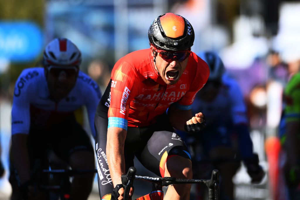 SAN BENEDETTO DEL TRONTO ITALY MARCH 13 Phil Bauhaus of Germany and Team Bahrain Victorious celebrates at finish line as stage winner during the 57th TirrenoAdriatico 2022 Stage 7 a 159km stage from San Benedetto del Tronto to San Benedetto del Tronto TirrenoAdriatico WorldTour on March 13 2022 in San Benedetto del Tronto Italy Photo by Tim de WaeleGetty Images