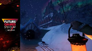 Someone walks with a handheld lantern with a dog through the snow with a mansion in the rear in The Killing Stone