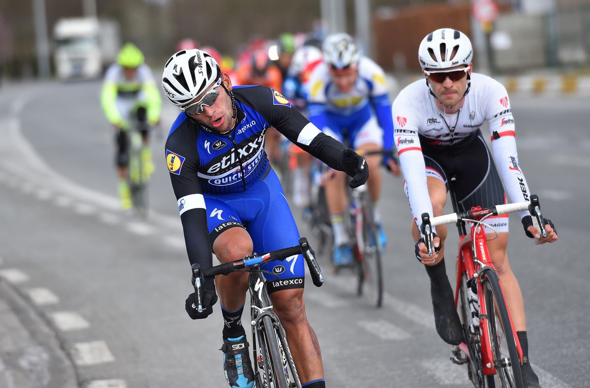 Fernando Gaviria (Etixx-QuickStep) asks the rider to come through for a turn at the front