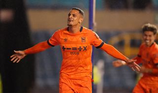 Ali Al-Hamadi of Ipswich Town celebrates his goal to make it 0-4 during the Sky Bet Championship match between Millwall and Ipswich Town at The Den on February 14, 2024 in London, England. (Photo by Dylan Hepworth/MB Media/Getty Images)