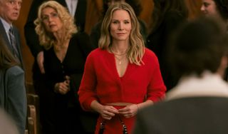 Kristen Bell in netflix's 'Nobody Wants this" wearing a red sweater two-piece set