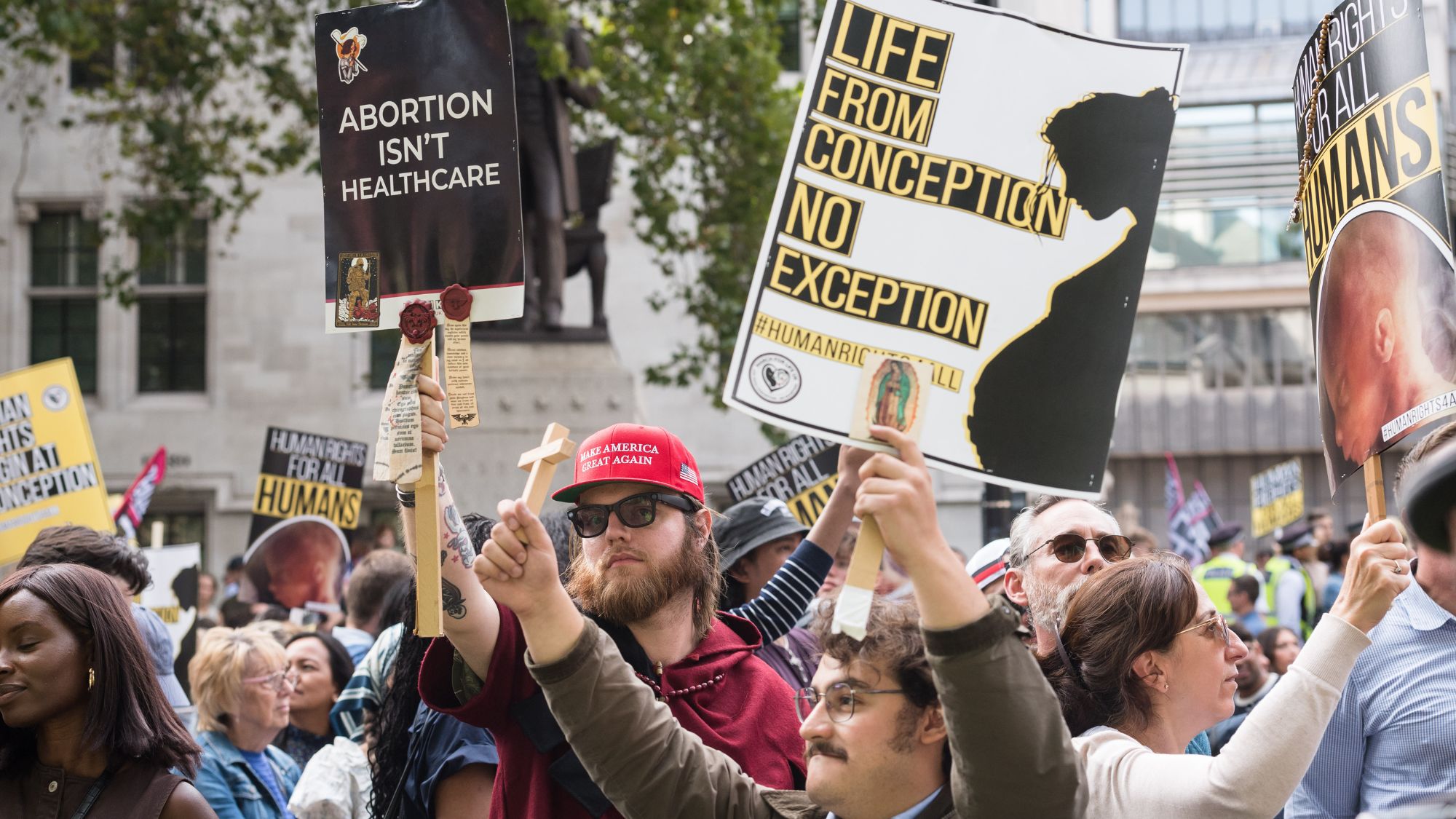 Pro-life supporters take part in the anti-abortion 'March For Life' rally in Parliament Square in London, United Kingdom on September 06, 2025.