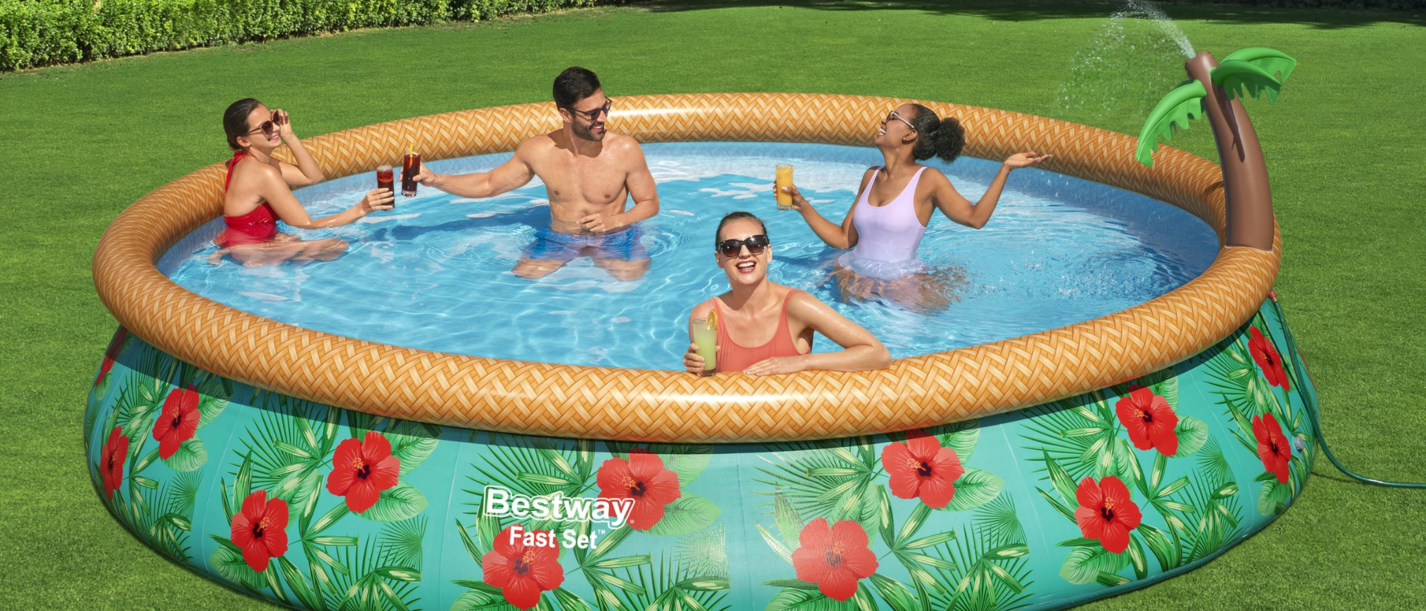 Image of three adults in an inflatable swimming pool