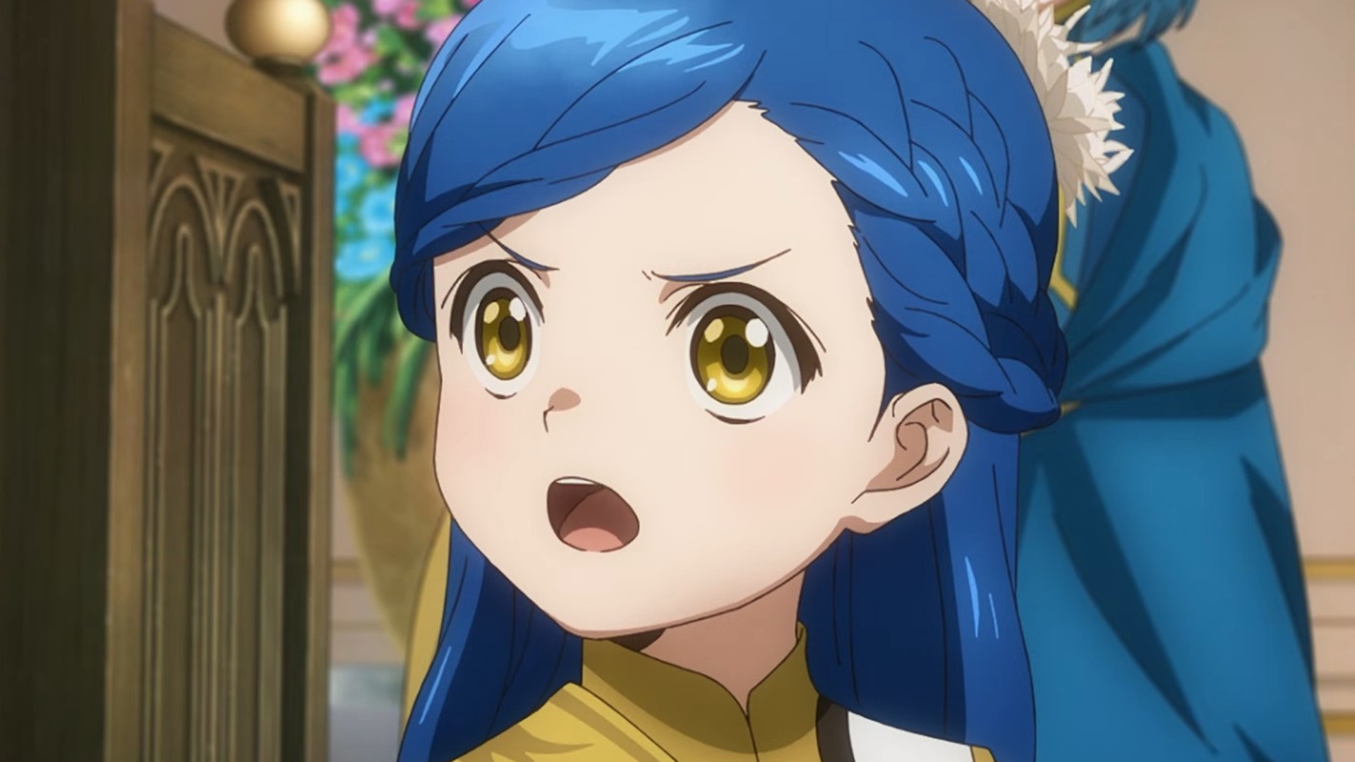 Blue-haired Ascendance of a Bookworm protagonist Myne with a shocked expression
