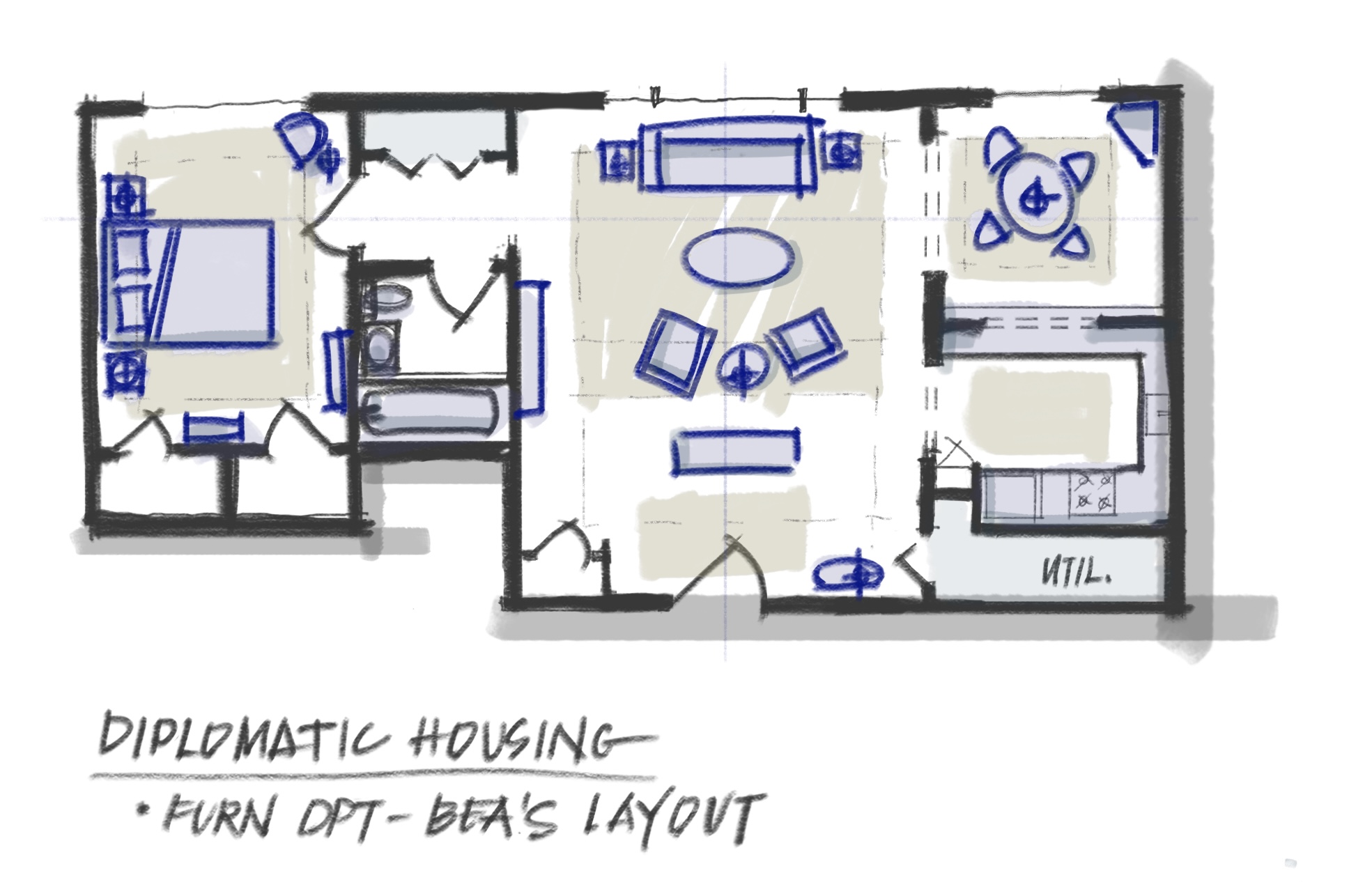 A digital rendering of a secret booth crafted from wood, Plexiglass, and steel shows a warmly lit cubicle room with a central desk and set of chairs, illuminated by back-lit ceiling panels, while two handmade sketches of rooms capture their interiors from above.