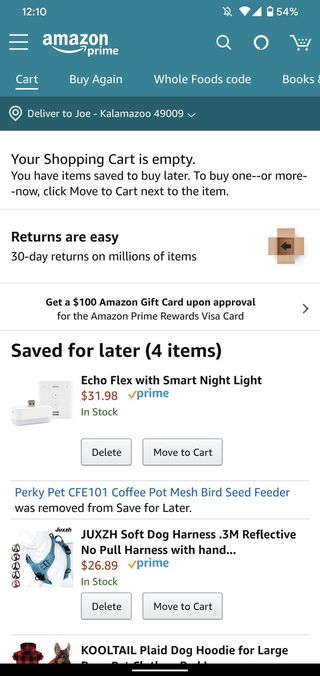 Amazon app shopping cart