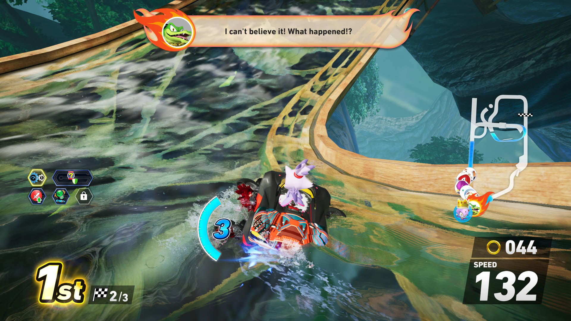 Blaze the cat drifts around a water canal in Sonic Racing: CrossWorlds