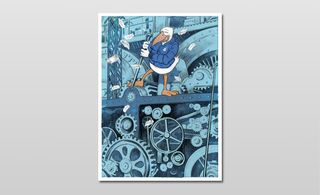 A portrait poster with a duck character standing on top of mechanical wheels.