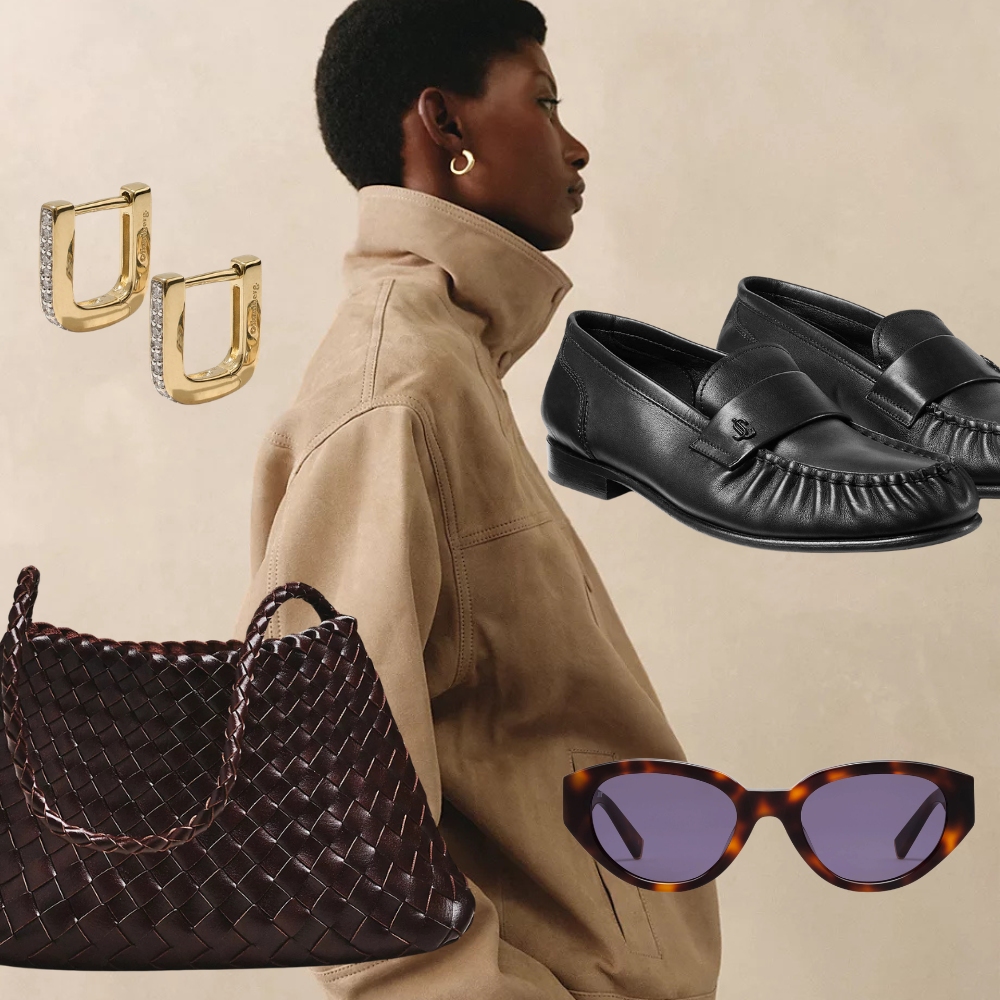 A model wearing a funnel neck suede jacket from The White Company