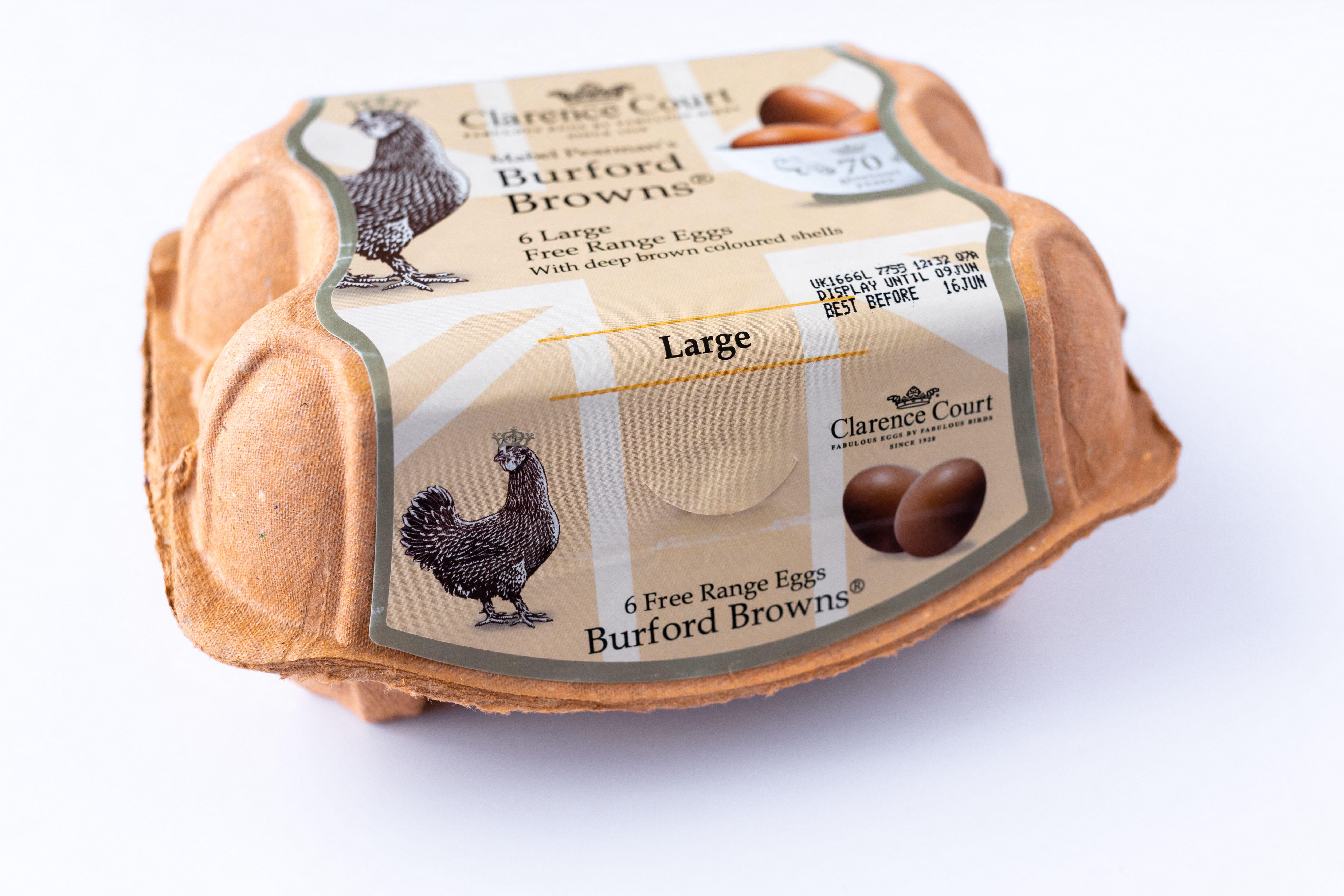 Box/carton of Clarence Court Burford Browns large free range eggs
