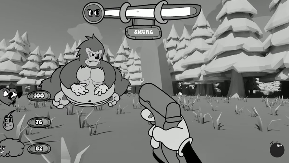 An image of a black-and-white cartoon-like video game 