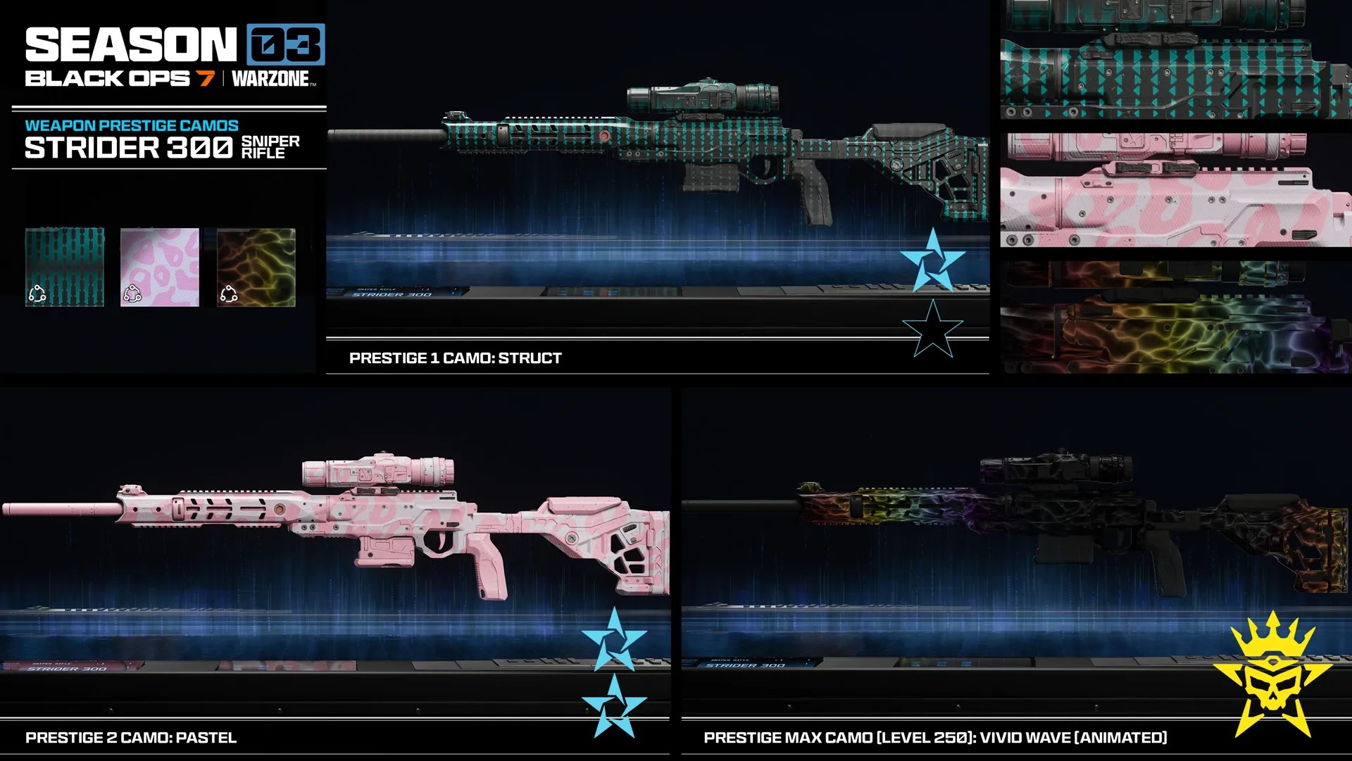 Call of Duty: Black Ops 7 Season 3 screenshots including weapon prestige camos, new mode gameplay for freerun and demolition, and new operator skins.