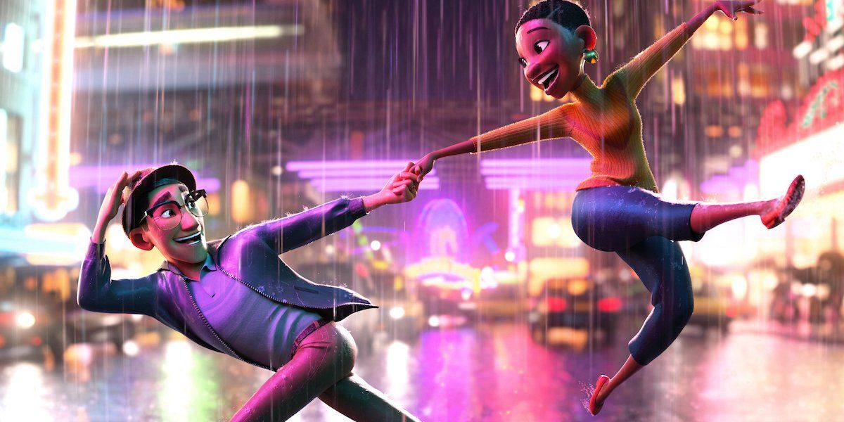 Art and Dot dancing in the rain on a vibrant street in Disney&#039;s Us Again