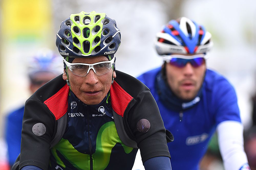 Nairo Quintana bundled up against the cold at Tour de Romandie.