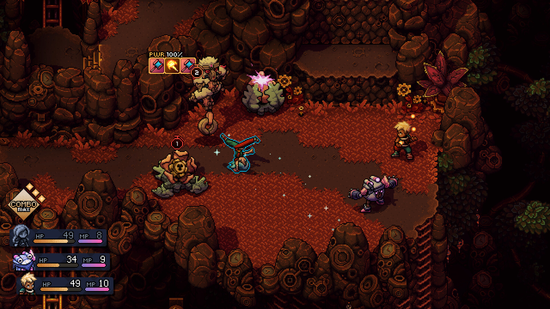 The party fighting in red and rocky terrain in Sea of Stars DLC Throes of the Watchmaker