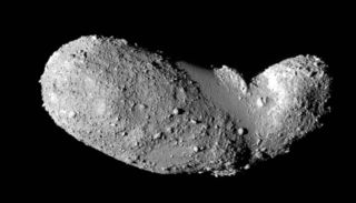 This very detailed view shows the strange peanut-shaped asteroid Itokawa. This picture comes from the Japanese spacecraft Hayabusa during its close approach in 2005. Image released Feb. 5, 2014.