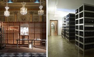 Left: the assembly line built inside an ornate hall. Right: industrial-style food racks lined with chocolate figures