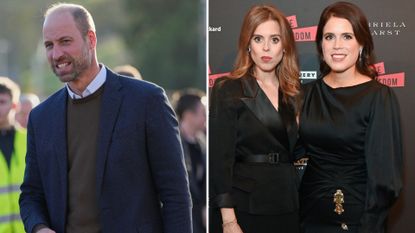 Composite of a picture of Prince William in 2025 and a picture of Princess Eugenie and Beatrice together in 2023