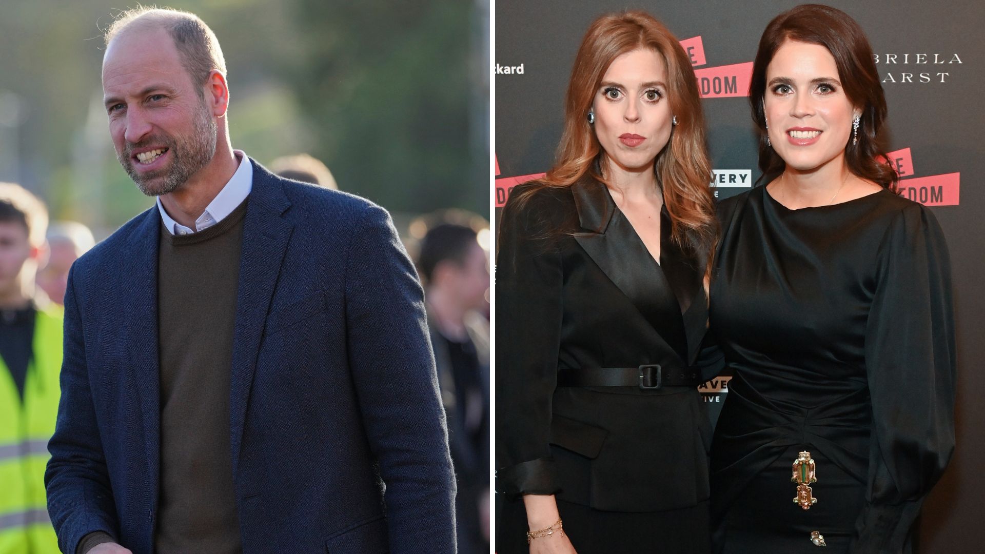 Composite of a picture of Prince William in 2025 and a picture of Princess Eugenie and Beatrice together in 2023