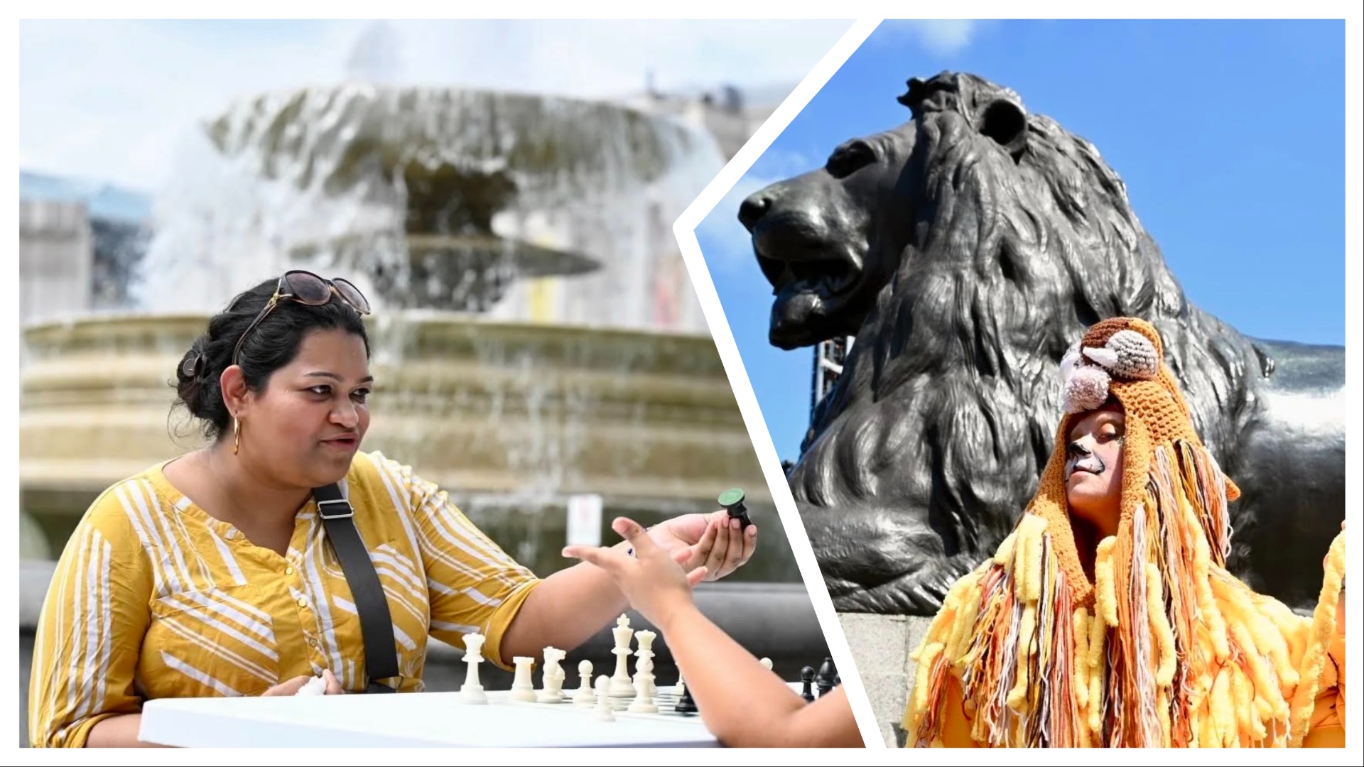 A lady playing chess in front of a fountain on the left and on the right a woman posing in front of a statue of a lion 