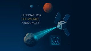 a simplified illustration of a cube-shaped spacecraft beaming a cone of light onto a lumpy rock