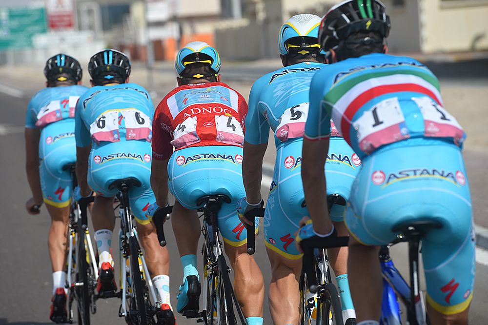 Astana team working for stage 1 winner Andrea Guardini