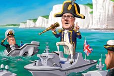 Cartoon of Royal Navy embarrassment - Keir Starmer astride a model frigate