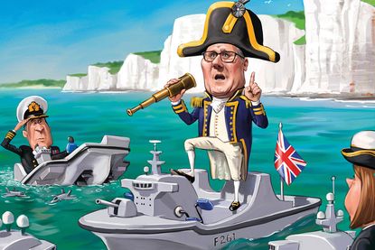 Cartoon of Royal Navy embarrassment - Keir Starmer astride a model frigate