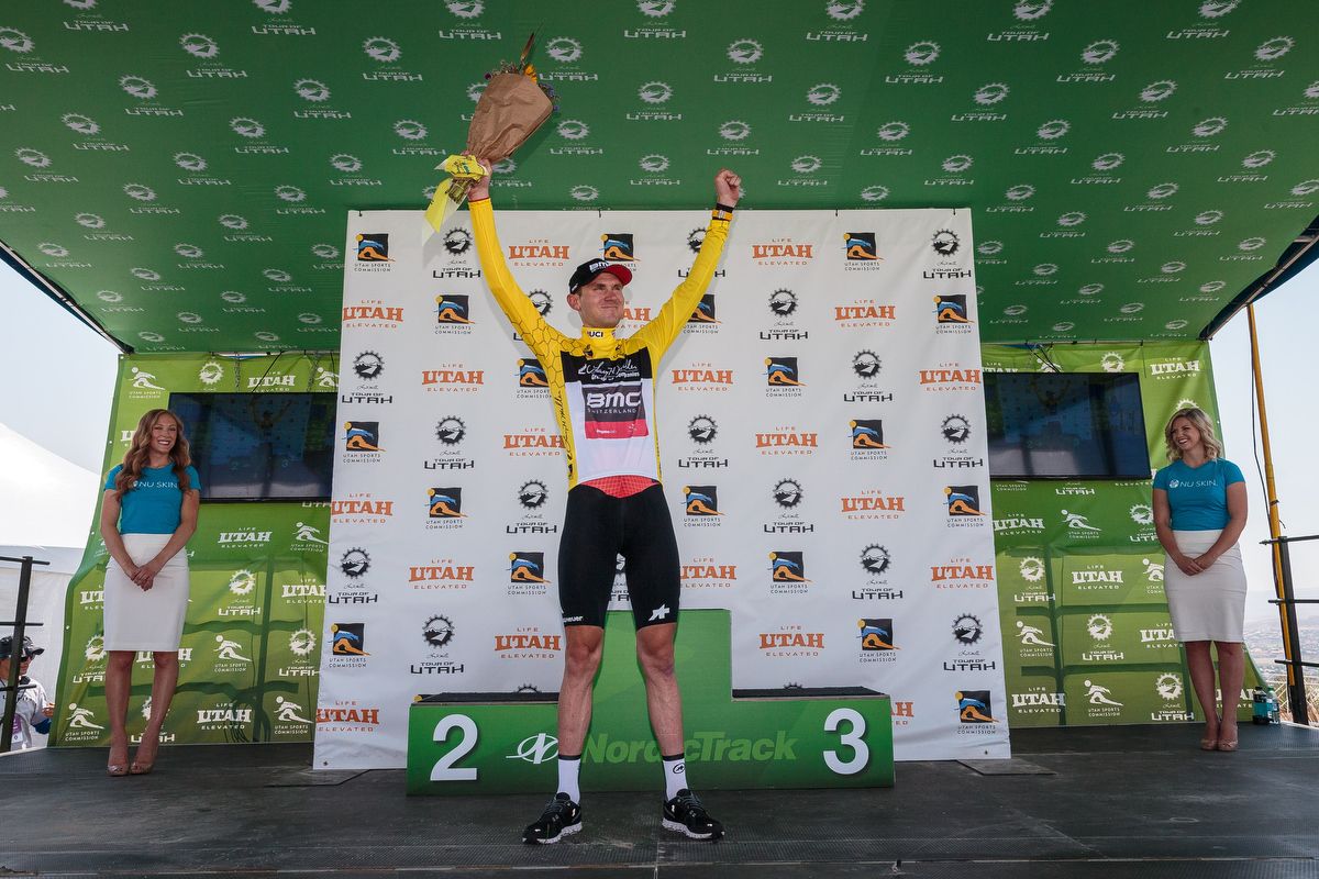 Tejay van Garderen celebrates his first day in the Tour of Utah lead