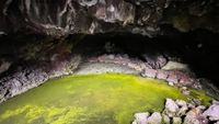 Interior of the Bandera Volcano Ice Cave in New Mexico. The cave's floor is covered in ice which itself is covered in a carpet of algae.
