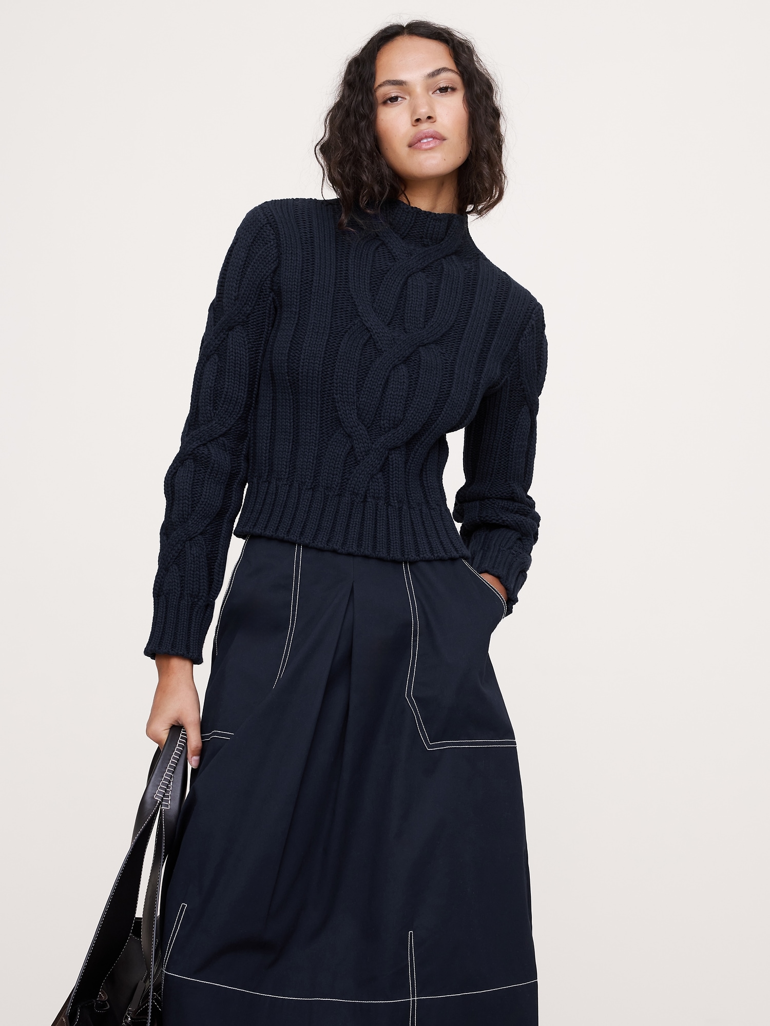 Cotton-Blend Cable-Knit Cropped Sweater
