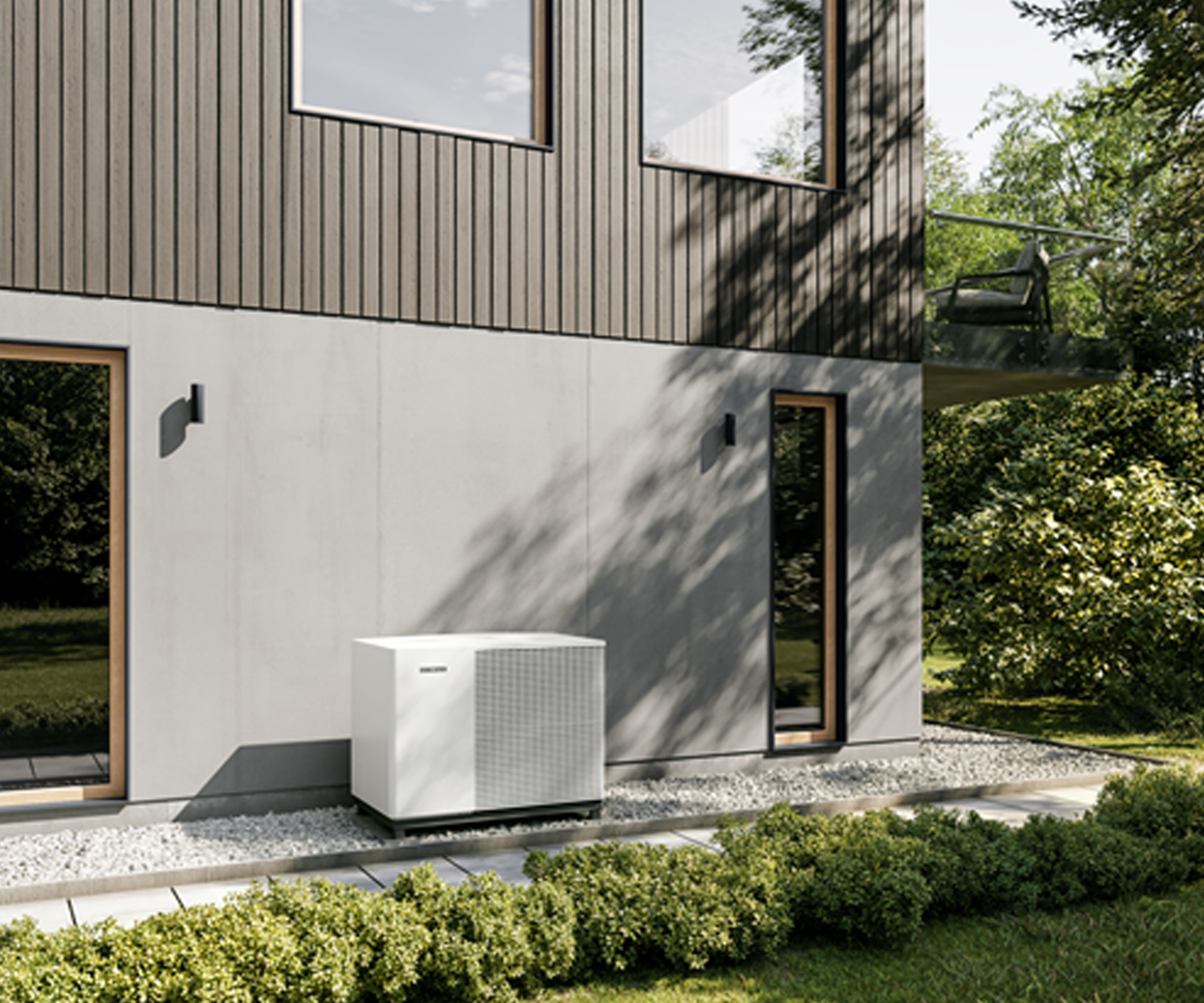 White Stiebel Eltron heat pump outside contemporary home